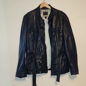 Gap Black Leather Full Zip/snap Stand Collar Belted Jacket L womens.